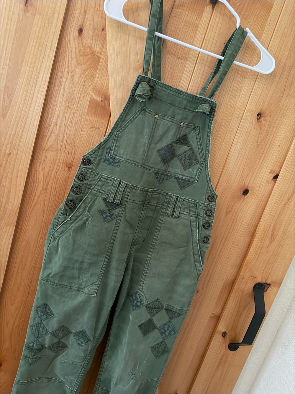 Pilcro Wanderer Patchwork Overalls Green Utility Bib Size 25 Anthropologie Boho - Picture 7 of 16